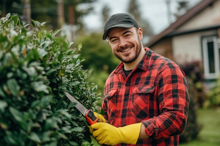 imgi 26 hombre camisa franela roja guantes amarillos sostiene tijeras setos listo recortar arbusto 1351262 585